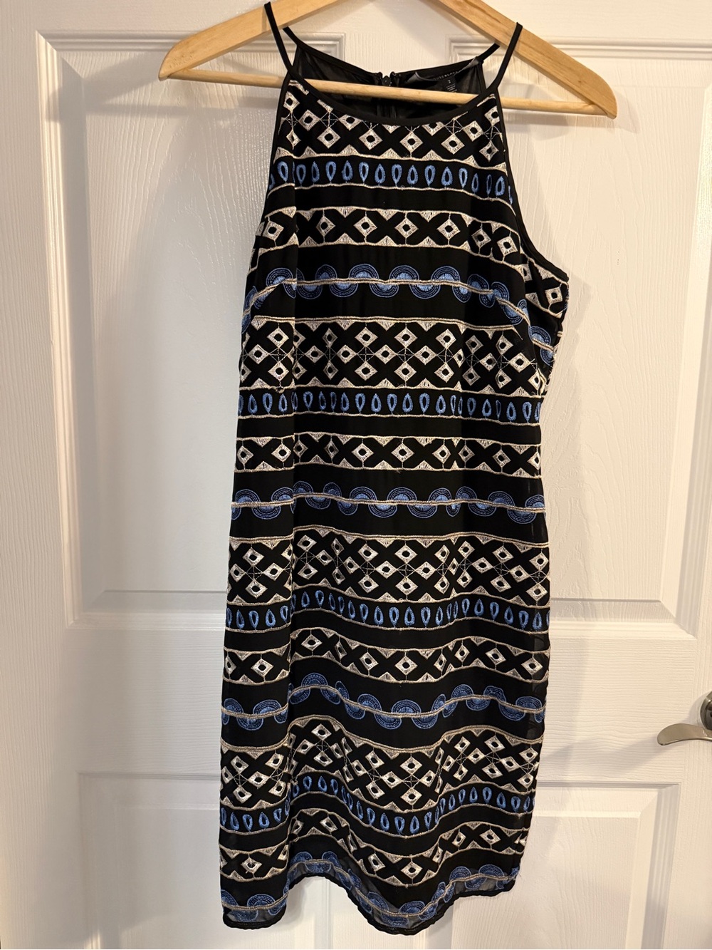 White House Black Market Black, Blue & White Patterned Midi Dress